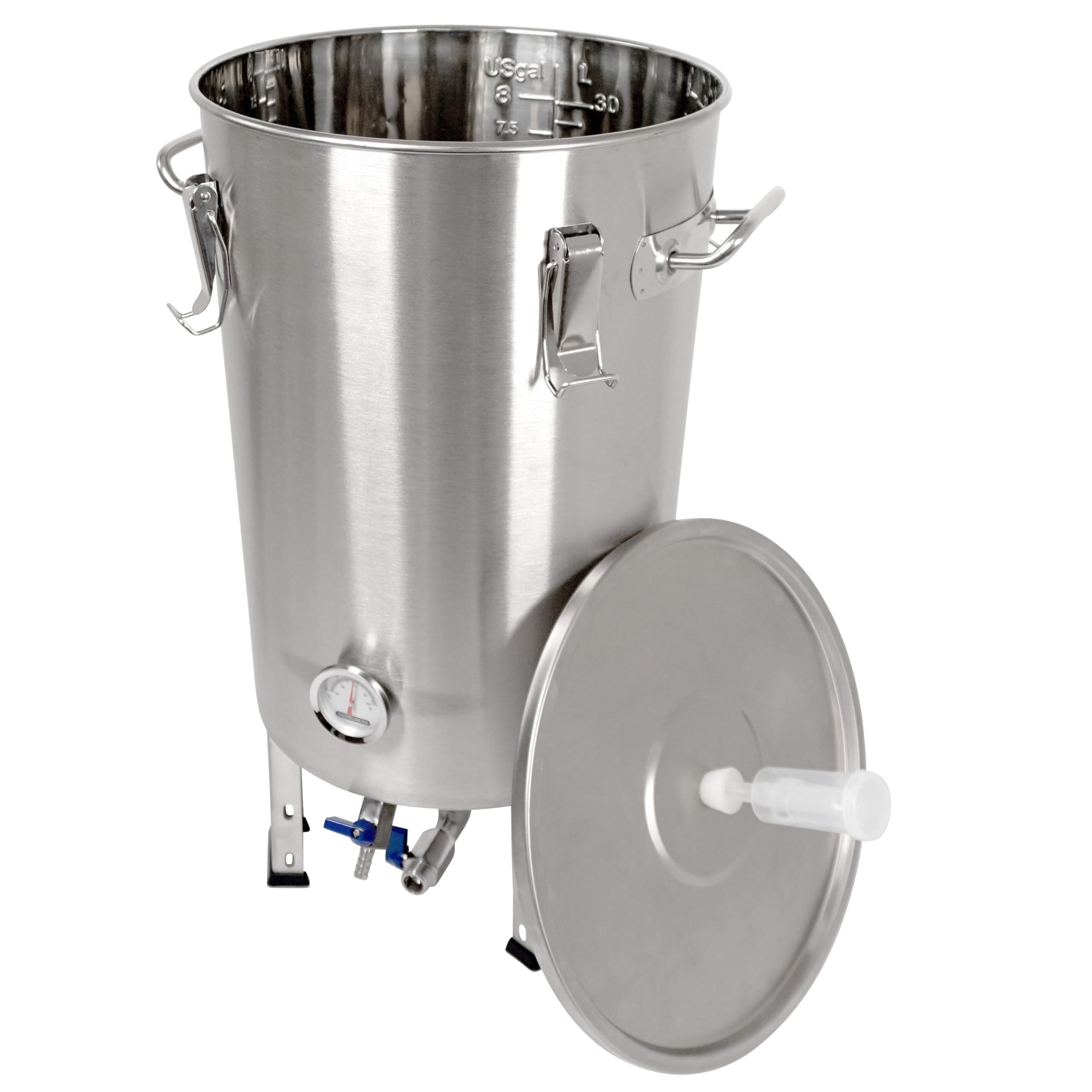 Edelstahl Gärbehälter Gärtank Fermenter 30 L Restauslauf Innen-Thermometer | Edelstahl Gärbehälter 30 L Fermenter Bier Saft Maische, Braueimer-Fermenter zum Brauen inkl. Deckel, Griff, Ventil, Zapfhahn