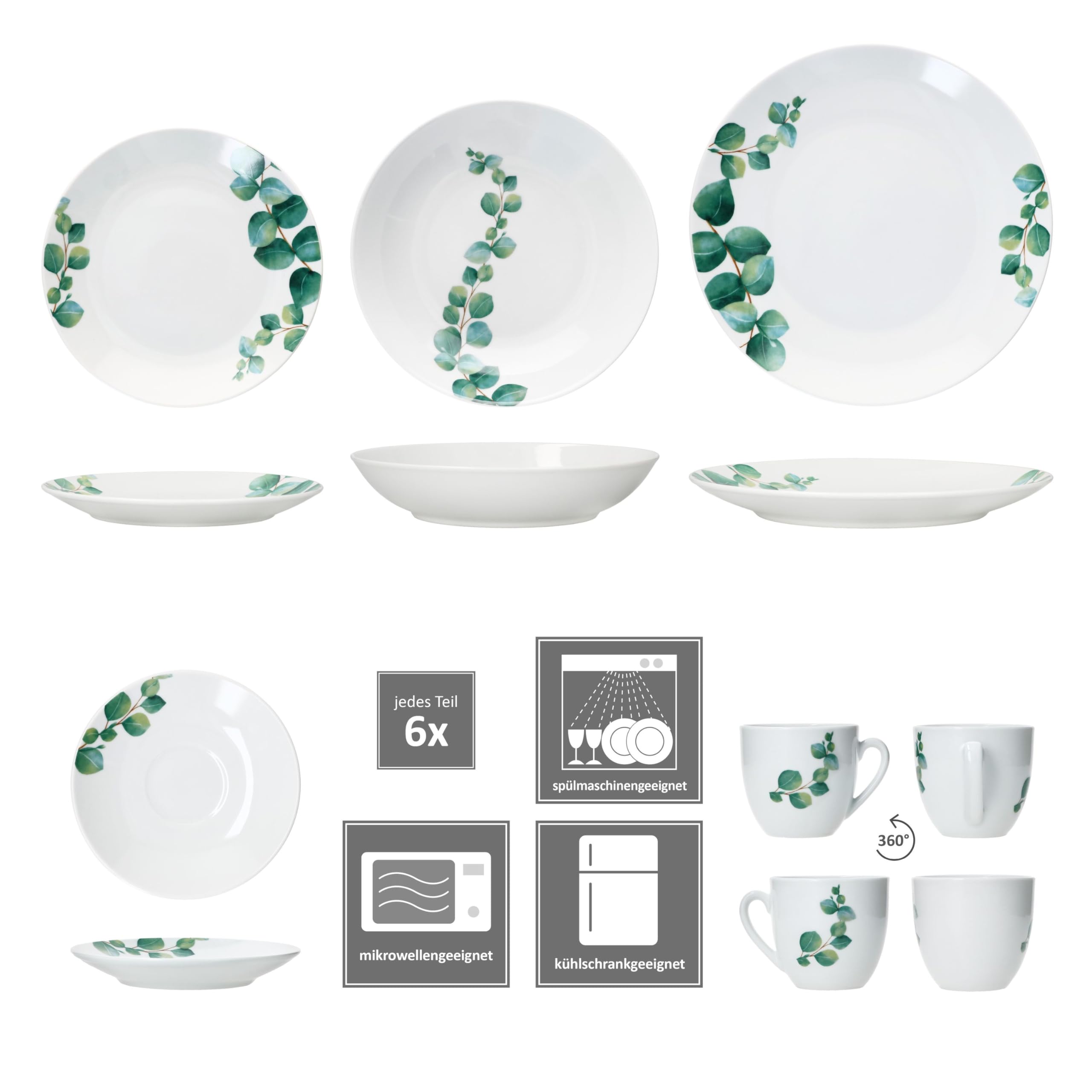 MamboCat Service combiné eucalyptus 30 pièces I Service de table en porcelaine blanche avec décor végétal vert pour 6 personnes I 6 tasses à café 180 ml, soucoupes, assiettes à gâteau, assiettes
