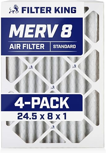 Filter King 24.5x8x1 Air Filter MERV 8 4-Pack Dust & Allergy Control AC Furnace Filters, MADE IN USA, HVAC, Pleated, Electrostatic Actual Size 24.5 x 8 x .75