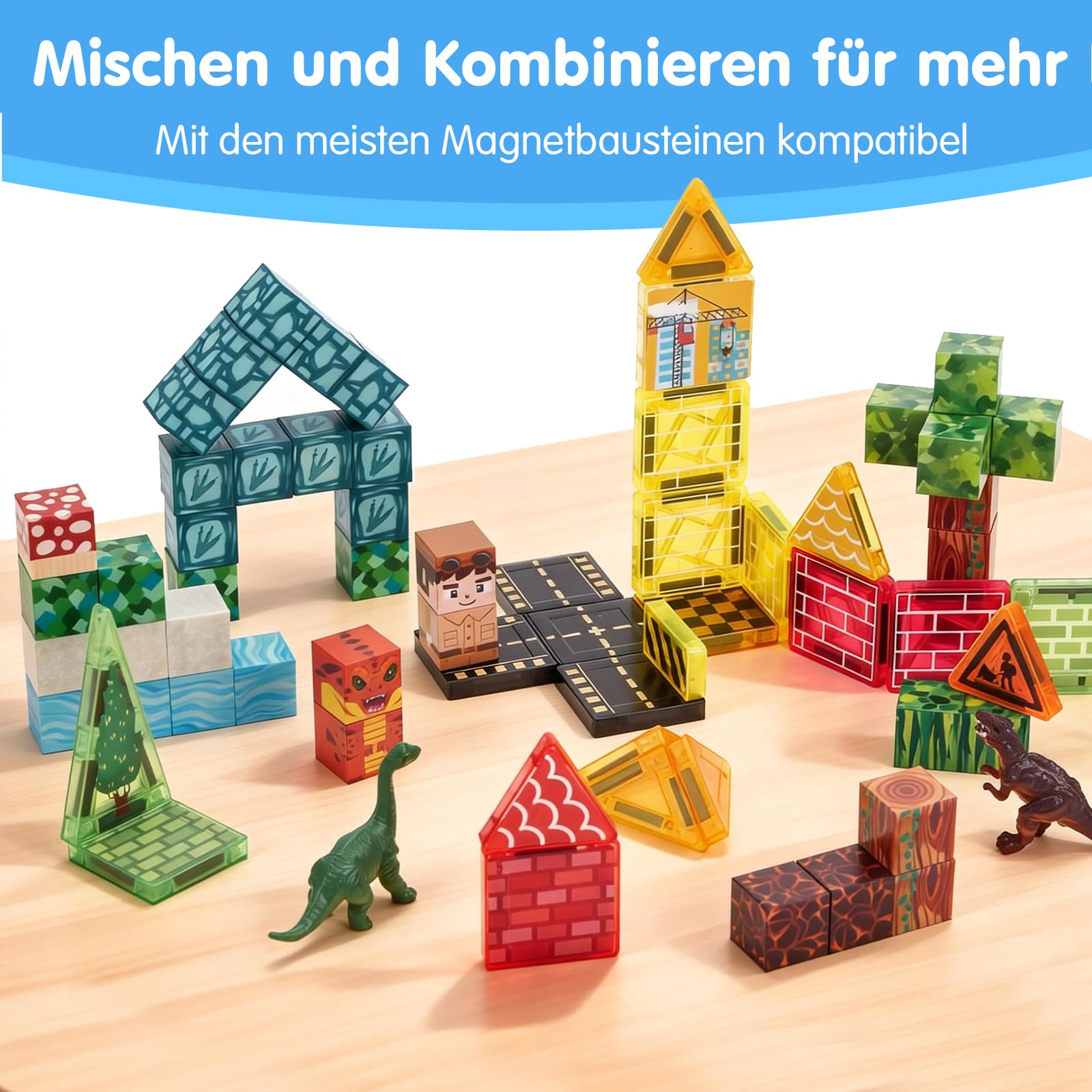 hahaland Mini Magnetische Bausteine ab 3 Jahre, A5 Reiseset mit 48 Magnetic Building Blocks & 2 Dino-Figuren, STEM Montessori Spielzeug ab 3-5 für Auto Unterwegs, Magnetbausteine ab 3 Jahre Geschenke