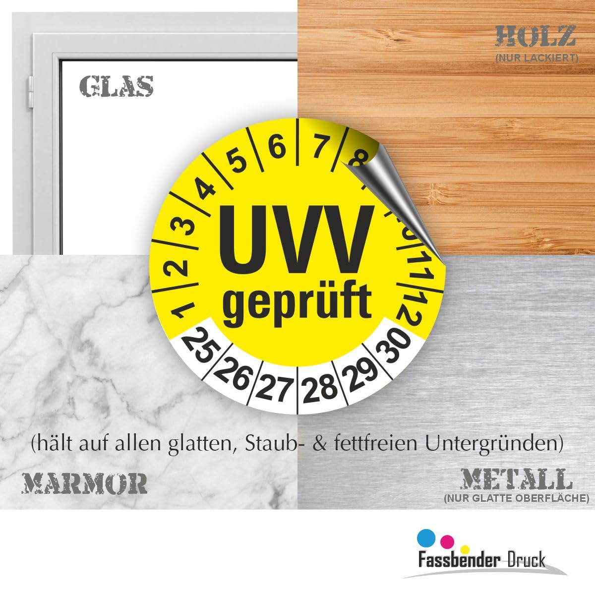 Hochwertige Prüfetiketten UVV PRÜFUNG Ø 40mm - Selbstklebende PVC-Folie - Wartungsetiketten für Prüfung - Prüfplakette für Prüfungsnachweis (30 Stück)