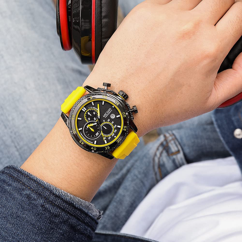 MEGIR Orologio sportivo da uomo, analogico, al quarzo, luminoso, con elegante cinturino in silicone, idea regalo, Giallo, Design elegante