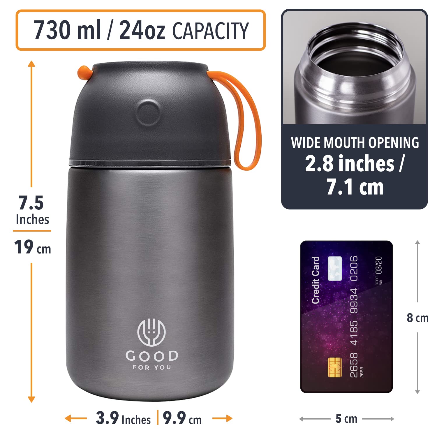 Geïsoleerde voedselfles, roestvrijstalen container voor warme en koude maaltijden, dubbelwandige isolatie, thermische voedselcontainer voor school, kantoor, reizen, kamperen, met opvouwbare lepel en zak, grijs, 730 ml