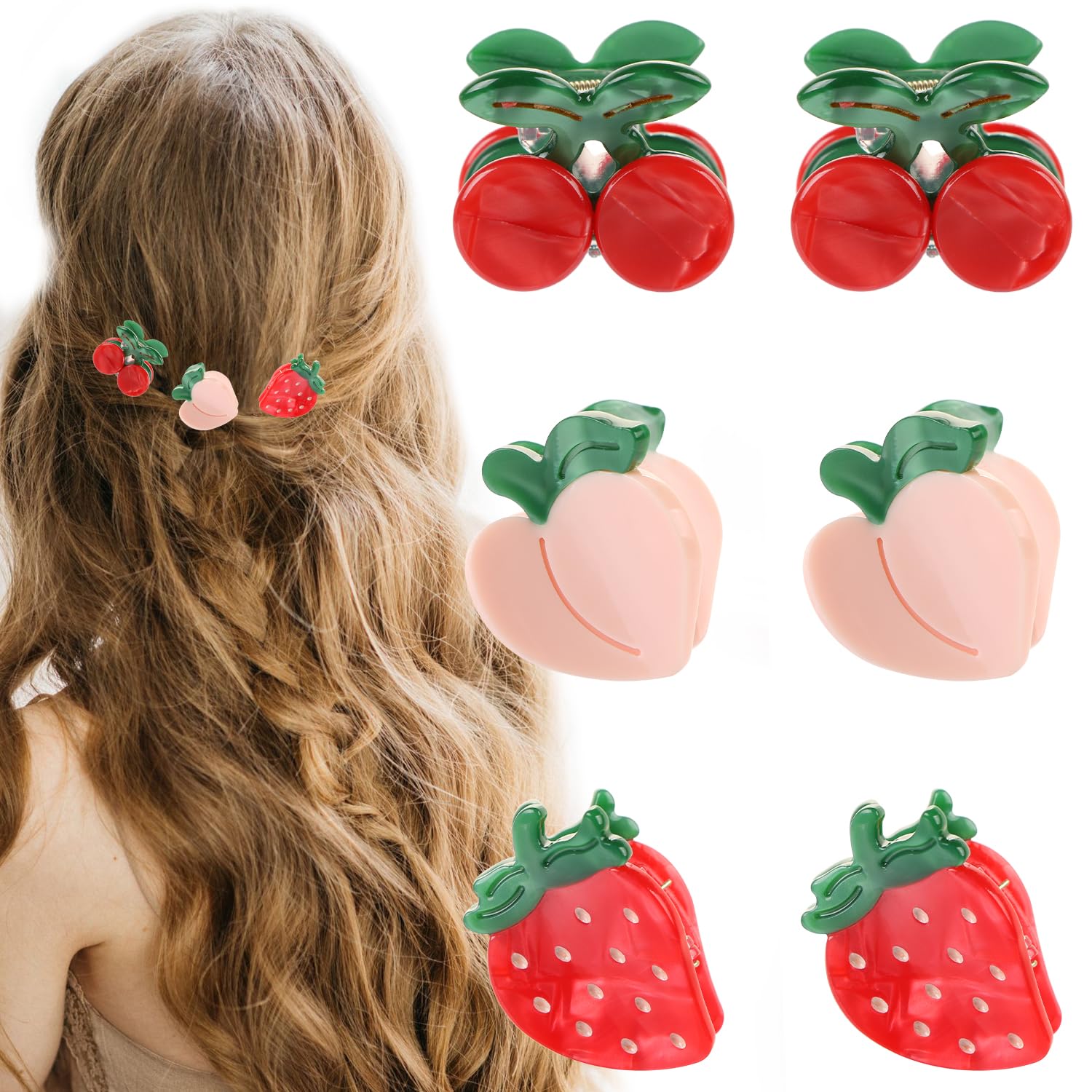 UHOMENY 6pcs Cute Hair Claw Clips for Women Girls Mini Cherry Strawberry Peach Hair Clips Hair Accessory Fruit Claw Clip Hair Jaw Clips