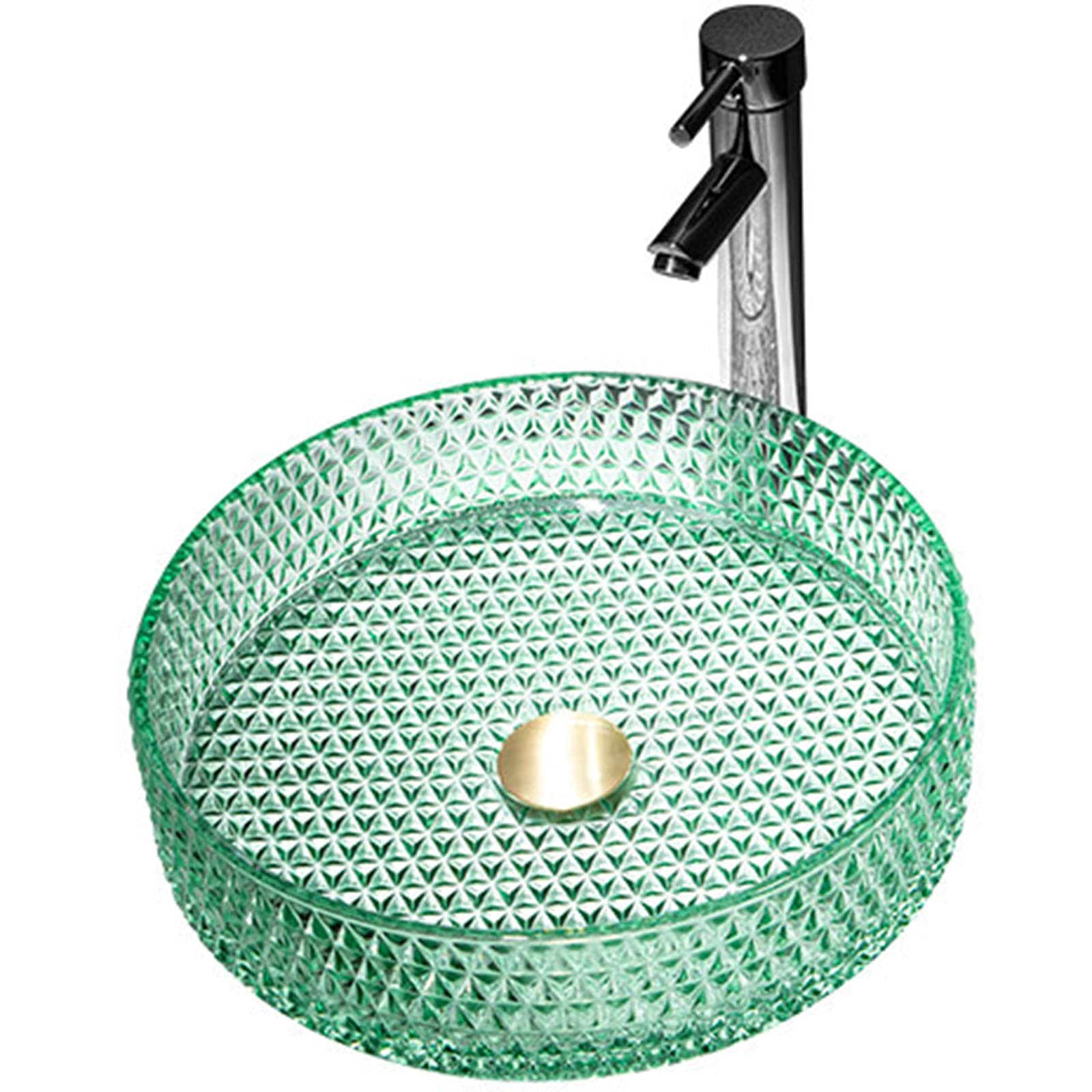 WOTZOV Modern Countertop Basin Round, Washbasin Translucent Tempered Glass With Pop Up Sink Waste Bathroom Sink Bowl, For Bath Remodel,Black,With Faucet,Green With faucet
