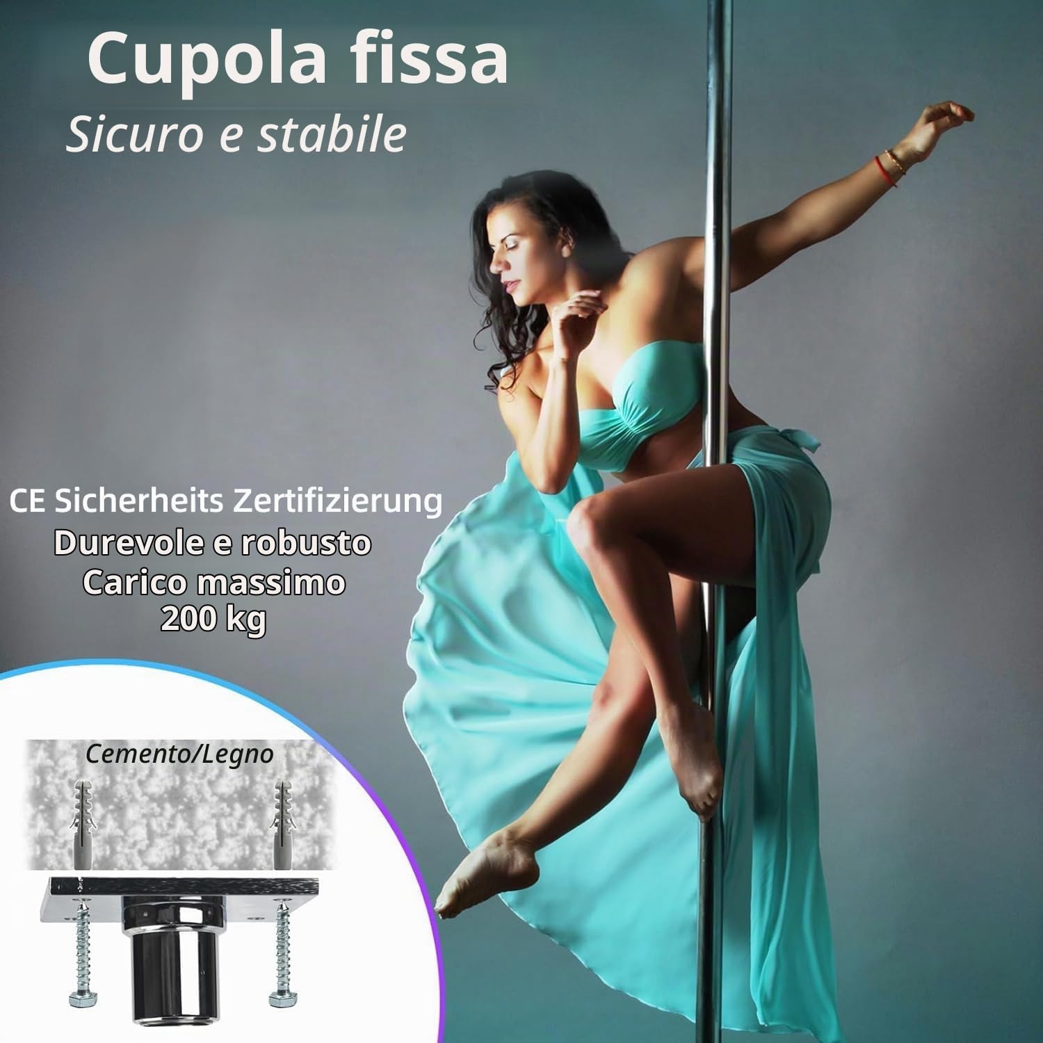 PRIOR FITNESS Asta da ballo permanente con piastra fissa, asta da ballo per casa, con supporto a soffitto e accessori di espansione, maggiore sicurezza e stabilità