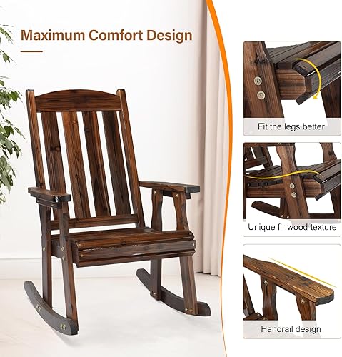 Miniatura 6 de VINGLI Juego de 2 mecedoras para exteriores, mecedora de madera resistente de 600 libras con respaldo cómodo, mecedora resistente a la intemperie