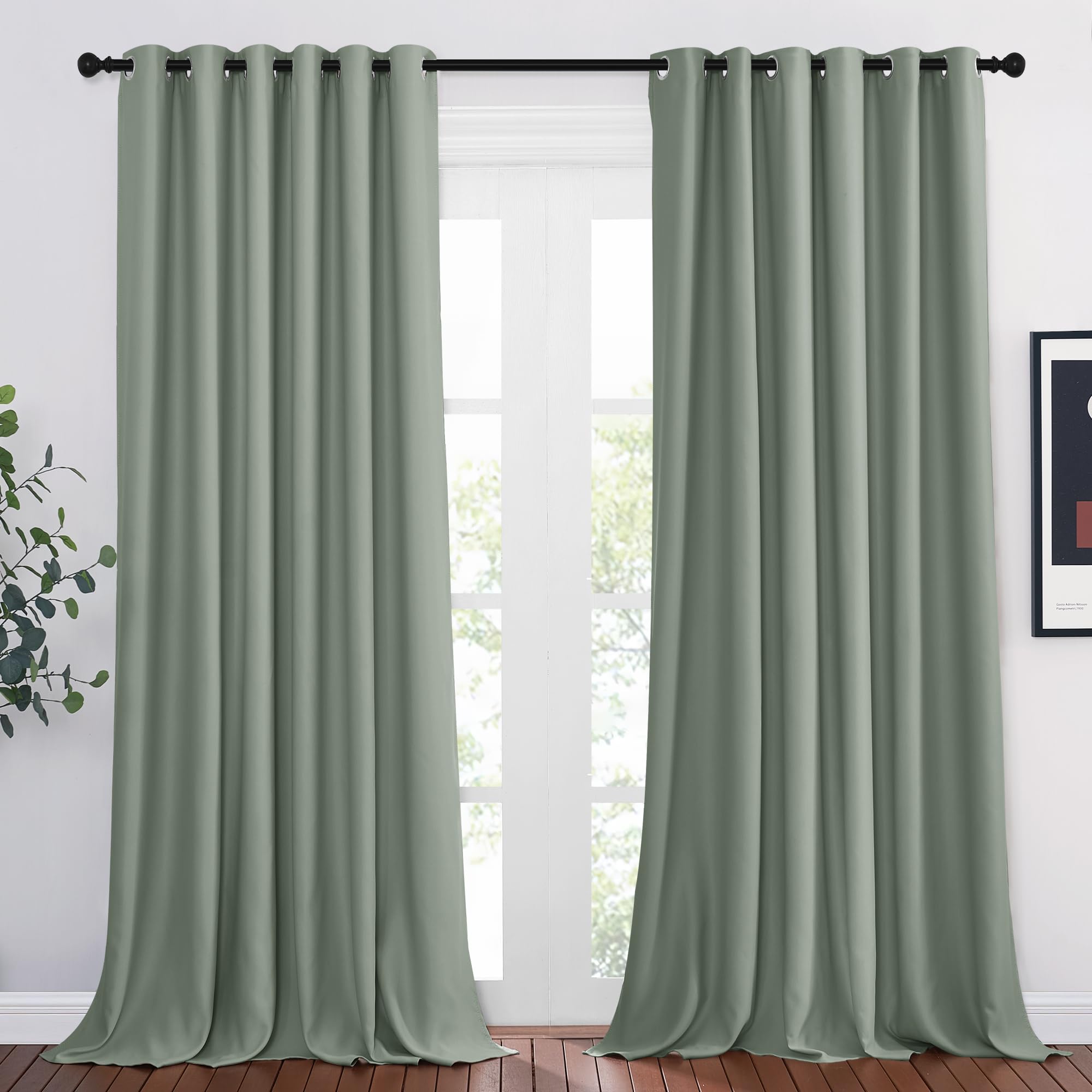 PONY DANCE Tende Oscuranti per Interni Tende Camera da Letto Pannelli Divisori per Casa Tende Termiche con Anelli Tende Soggiorno Moderne 2 Pezzi L 200 x A 260 cm, Verde Salvia
