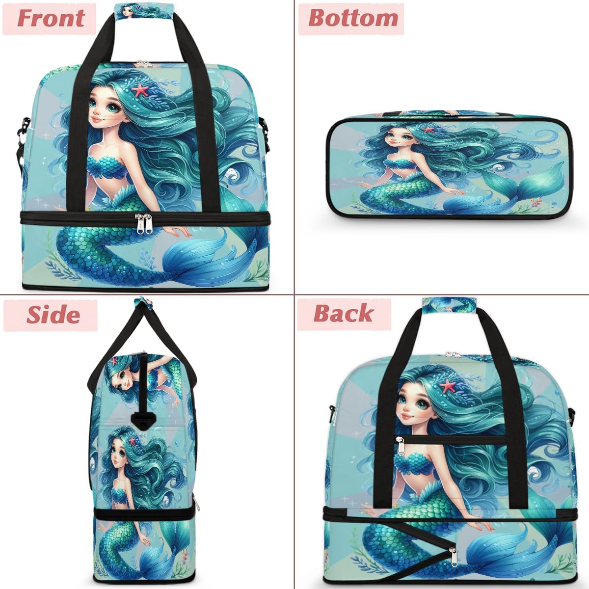 Mermaid Teal Pretty Ocean Large Weekender Overnight Bags Travel Duffel Bag for Women Men Girl Gym Bag With Shoe Compartment Foldie Travel Tote Bag Carry On Personal Item Bag for Travel Gym Sports