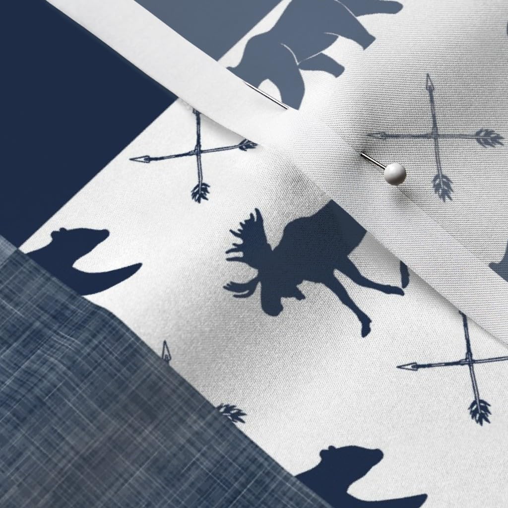 Spoonflower Fabric - Navy Blue, Woodland, Bear, Moose, Deer, Mountain, Wholecloth, Cheater Printed on Satin Fabric by The Yard - Sewing Lining Apparel Fashion Blankets Decor