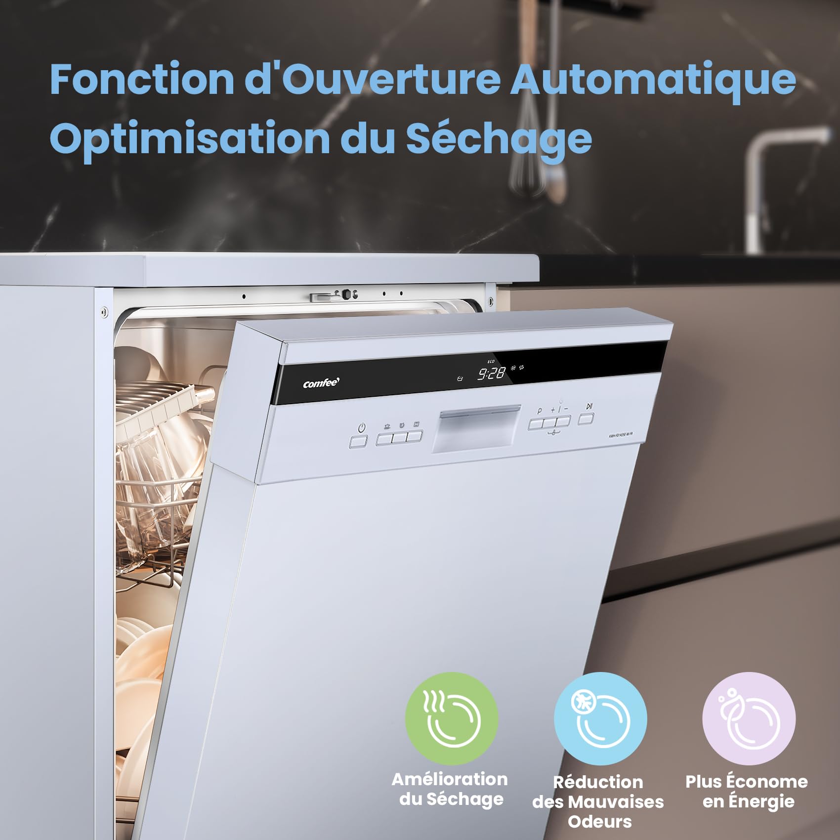 COMFEE' FD1435E-W Lave-vaisselle Pose Libre 14 Couverts, 60 cm, 44 dB | 8 Programmes, Ouverture Automatique, Départ différé, Demi-Charge, Paniers Flexibles, Séchage Intensif, Blanc