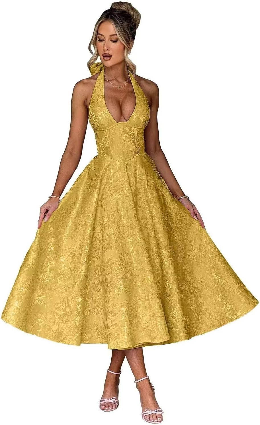 GATMAHE Halter Jacquard Satin Prom Dresses for Women 2026 A Line Tea Length Formal Evening Gown