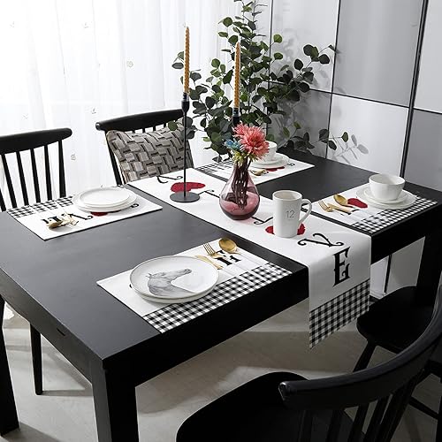 Miniatura 3 de Mantel individual de San Valentín con camino de mesa a juego de arpillera de lino y algodón 6 manteles individuales  camino de 13 x 90 pulgadas para