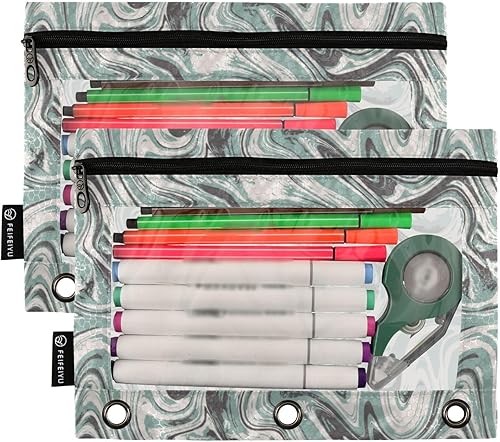 Miniatura 2 de Green Wave - Estuche para lápices de 3 anillas, paquete de 2 unidades, impermeable, de plástico transparente, con cremallera, organizador de