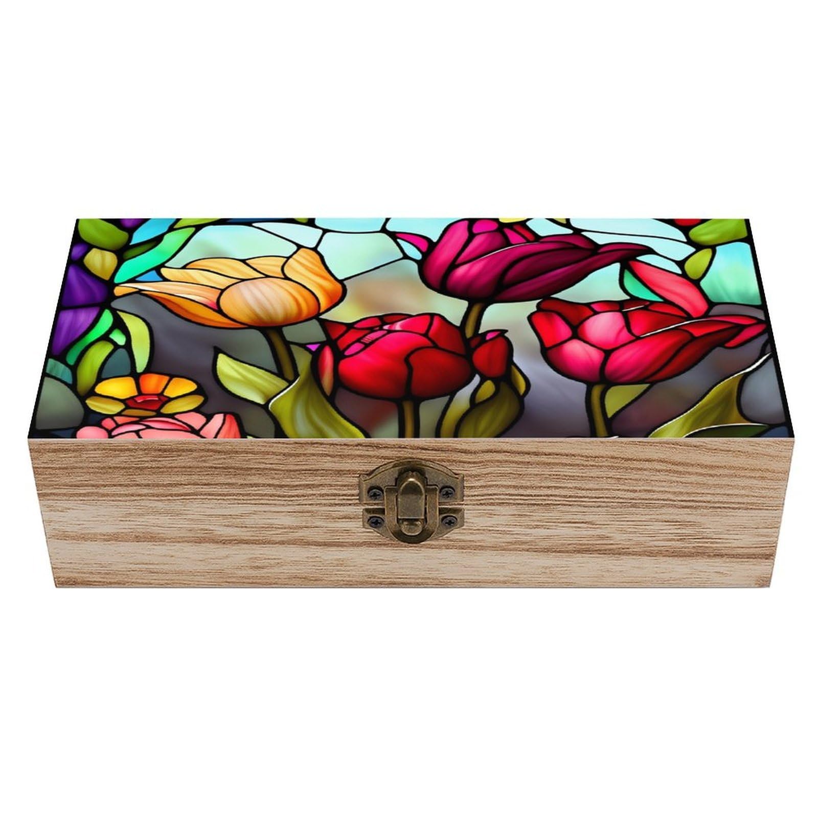 asbwuo Colorful Tulip Vintage Wooden Keepsake Box