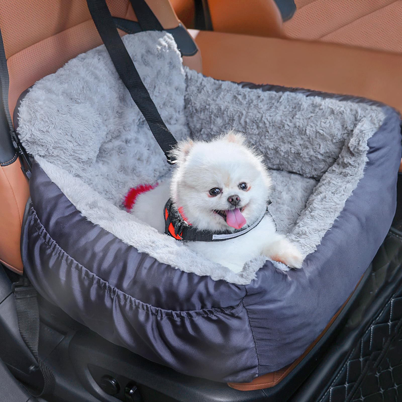 Oiilores Dog Car Seat for Small Dogs, Washable Pet Booster Seats with Clip-On Safety Leash, Comfy Deluxe Plush Carseat with Storage Pockets, Puppy Car Travel Carrier Bed for Dogs Under 25 lbs, Grey