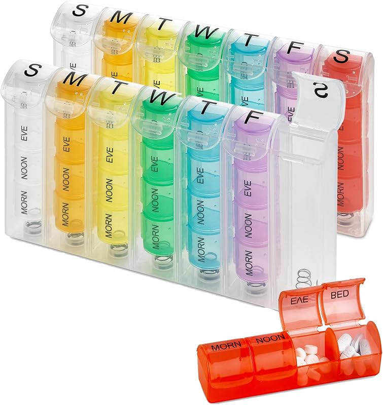 Organizador semanal de pastillas – (paquete de 2) planificadores de pastillas y vitaminas cada día a la semana, recordatorio de medicación cuatro veces al día, compartimentos AM/PM fáciles de leer de lunes a domingo para viajes y bolso