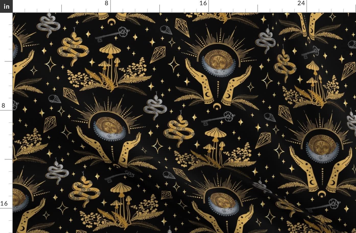 Spoonflower Fabric - Celestial Witch Black Stars Gold Keys Sun Ferns Printed on Organic Cotton Sateen Fabric by The Yard - Sewing Quilting Apparel Home Decor