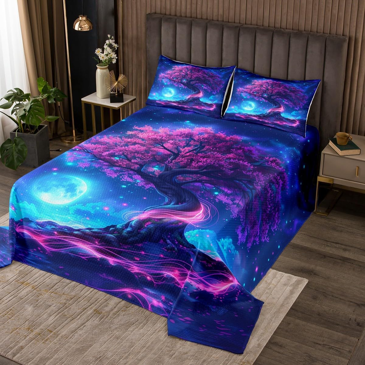 Castle Fairy Cherry Tree Bedspread King Size Natural Landscape Botanical Coverlet Set Kids Room Present Galaxy Nebula Bedroom Decor Bedding Set Dreamy Exotic Style Bedding with 2 Pillowcases