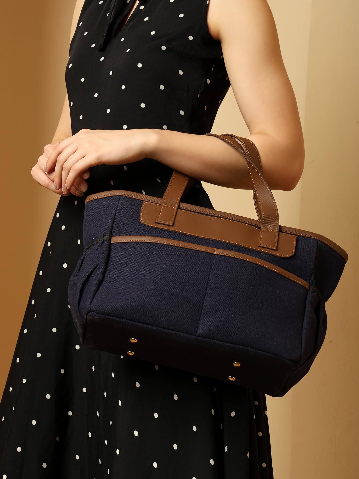 ENSAC Women’s Navy Blue Tote Lunch Bag, Large Stylish Hand Insulated Lunch bag with Brown Handles | Thermal Lunch Tote for Office, School, Picnic & Travel 4