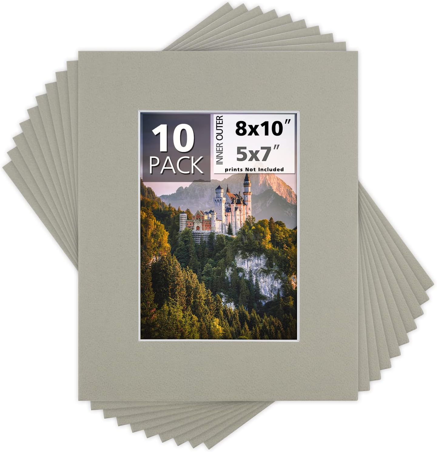 Mat Board Center, Pack of 10, 8x10 for 5x7 Color Mats - Bevel Cut, Acid Free, 4-ply Thickness, White Core - for Pictures, Photos, Framing, Middle Gray