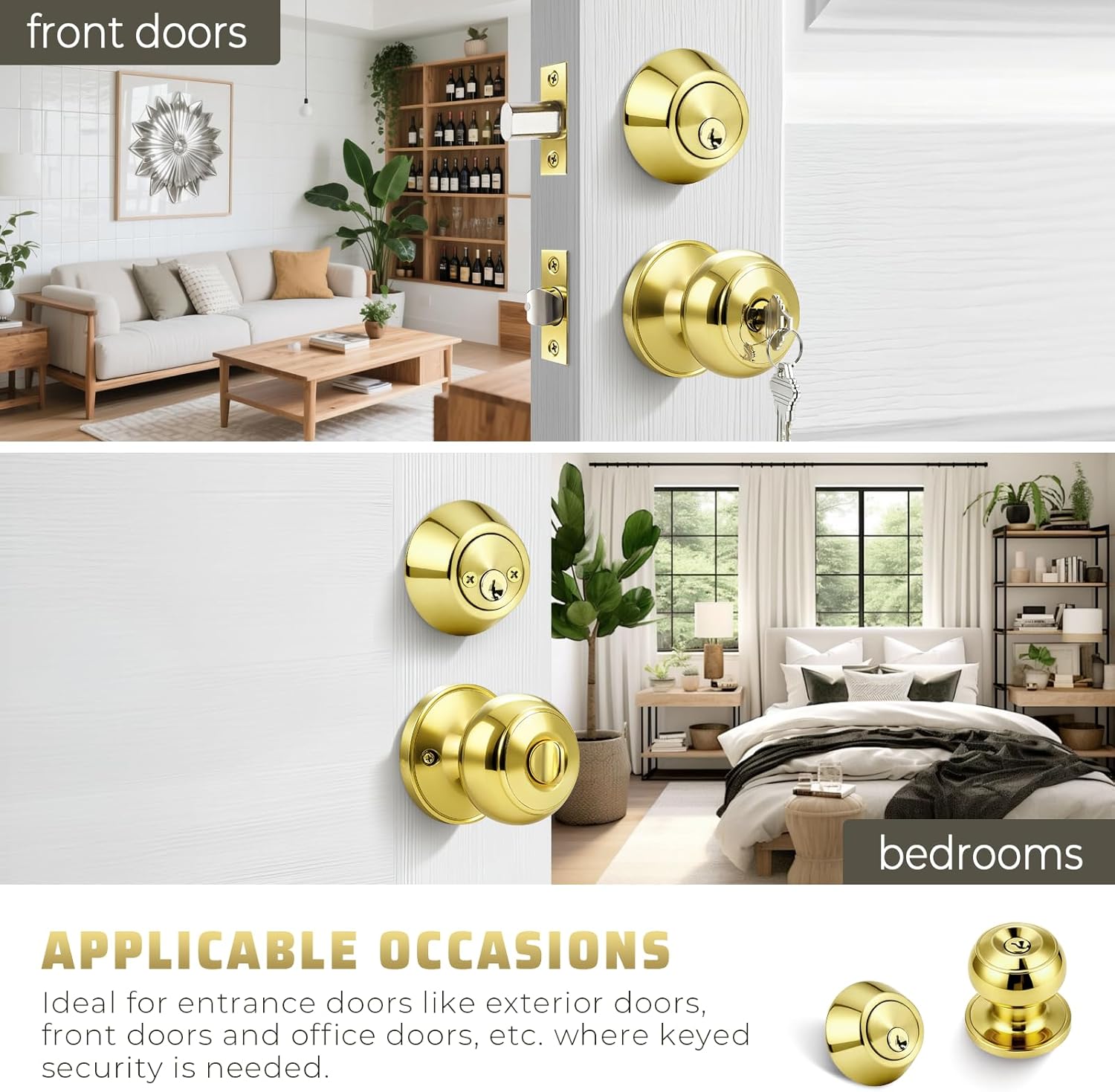 KNOBWELL 2 Pack Keyed Alike Door Knob and Double Cylinder Deadbolt Set, Exterior Door Lock Set, Polished Brass
