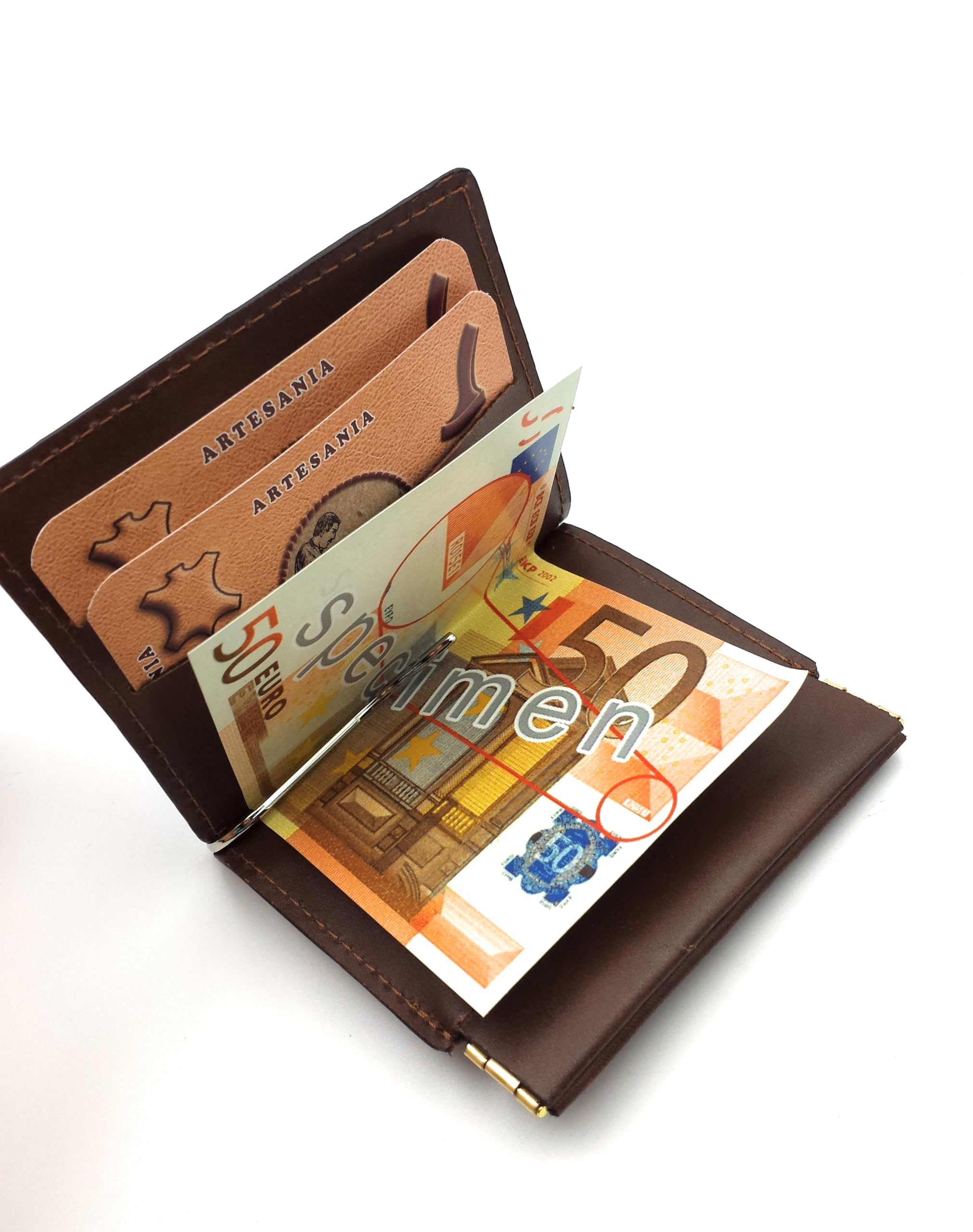 franartPiel - Monedero de fleje con Tarjetero y Pinza para Billetes Piel Ubrique (Marrón)