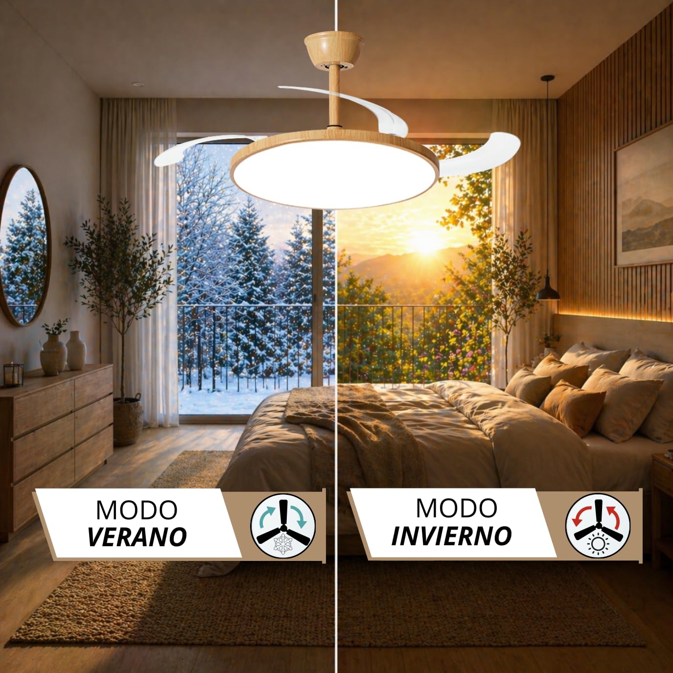 NARVI Ventilador de Techo Acabado Madera Haya con Luz LED Regulable, Motor DC Silencioso de Bajo Consumo, Lámpara Ventilador con Mando, 3 Aspas Retráctiles, MUMBAI 8991 WDNL