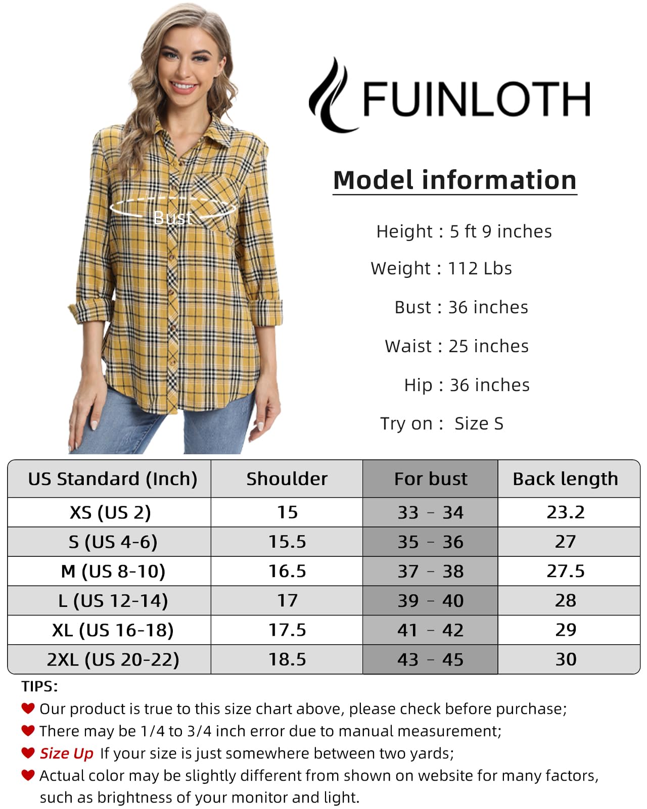 fuinloth Femme Flanelle Chemise Jaune S
