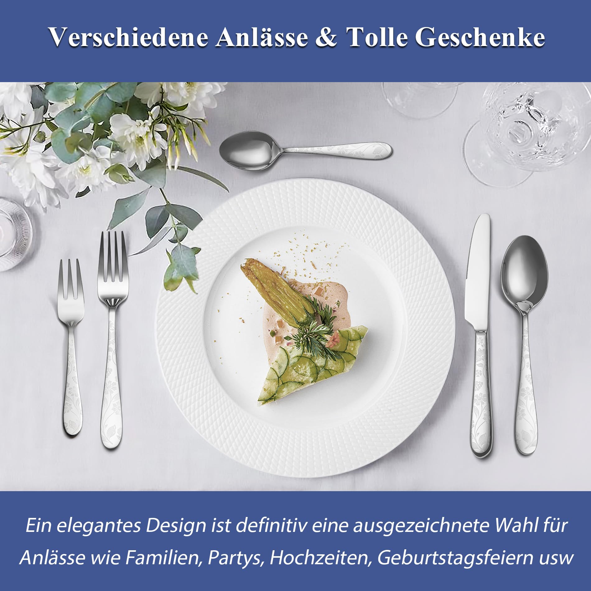 Besteck Set 6 Personen, 30-teiliges Edelstahl Besteckset mit einzigartigem Musterdesign, Essbesteck mit Messer Gabel Löffel, Tafelbesteck für Haus/Küche, Hochglanzpoliert, Spülmaschinenfest