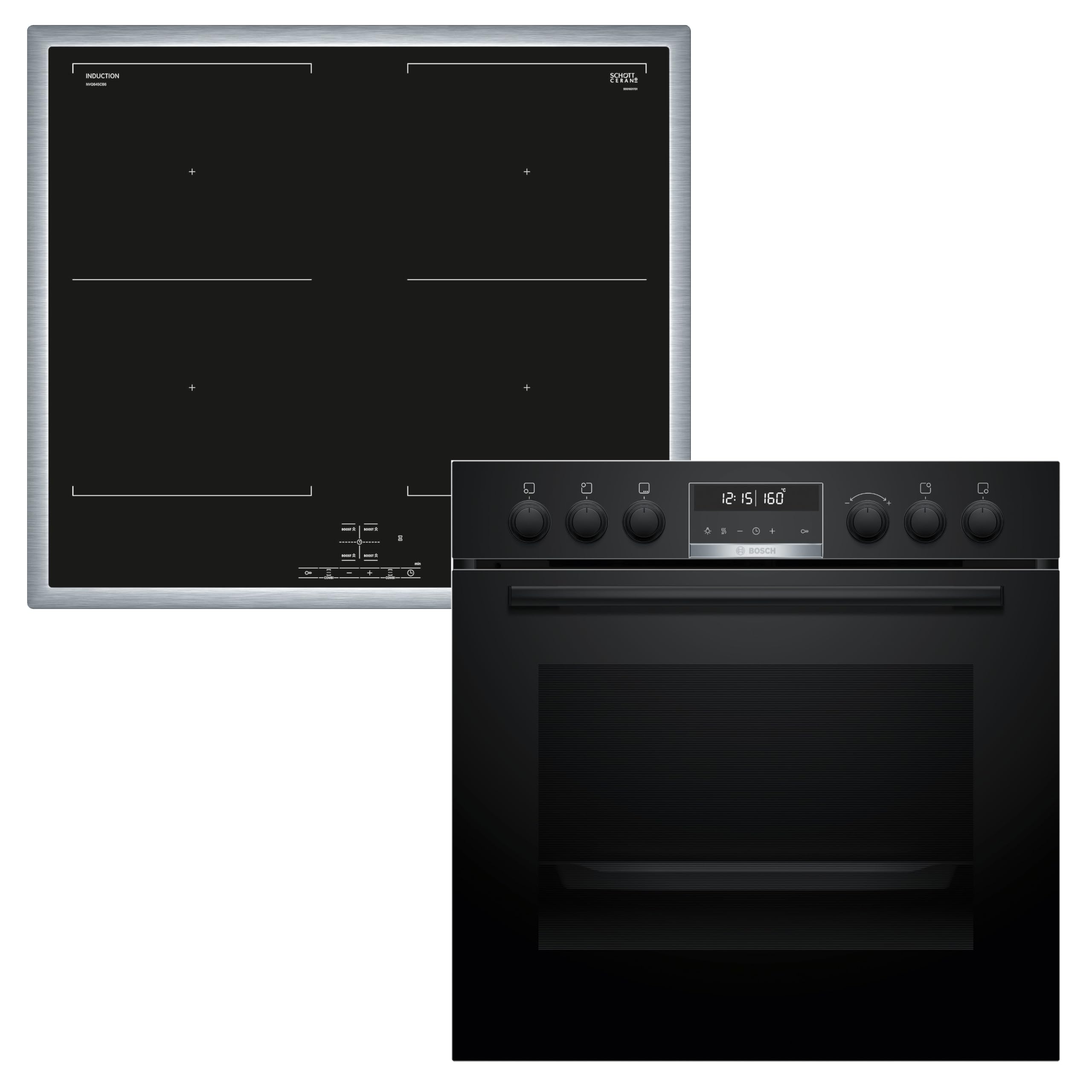 Bosch HND675LS62 Einbauherd-Set 60x60 cm mit HEG578BB4 Herd Air Fry 3D Heißluft Hydrolyse Pyrolyse & NIF645CB5E Induktionskochfeld Bräterzone Edelstahlrahmen