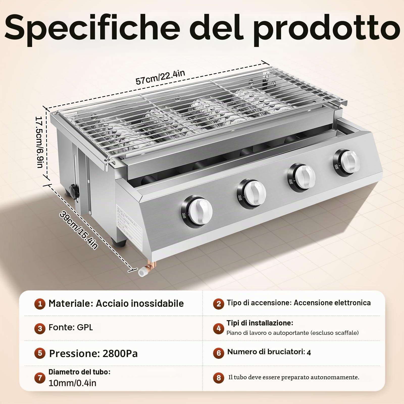 Barbecue a Gas, con Griglia in Acciaio Inossidabile Regolabile, 4 Bruciatori Indipendenti – Ideale per Giardino, Terrazza e Cortile, Ampia Superficie di Cottura 55cm