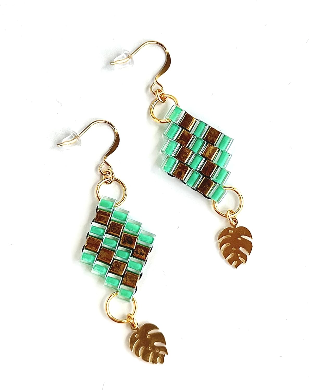 Gold and Teal Monstera Dangle Earrings - trendy houseplant jewelry