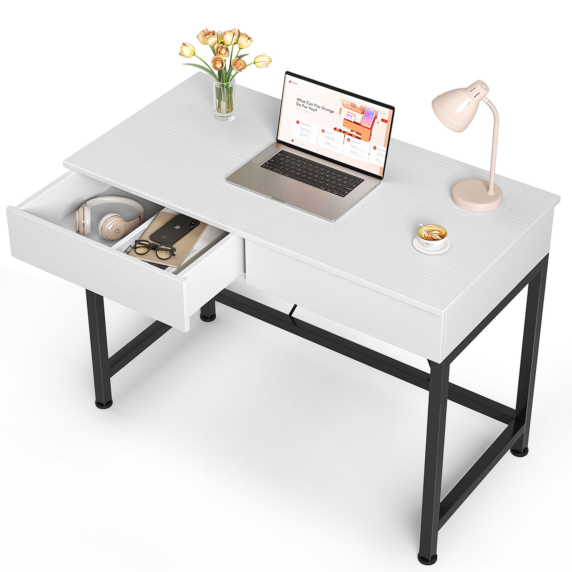 Mexin Small White Desk with 2 Wooden Drawers, 40 Inch Home Office Writing Desk, White Vanity Desk with Storage, Computer Desk for Bedroom Small Spaces