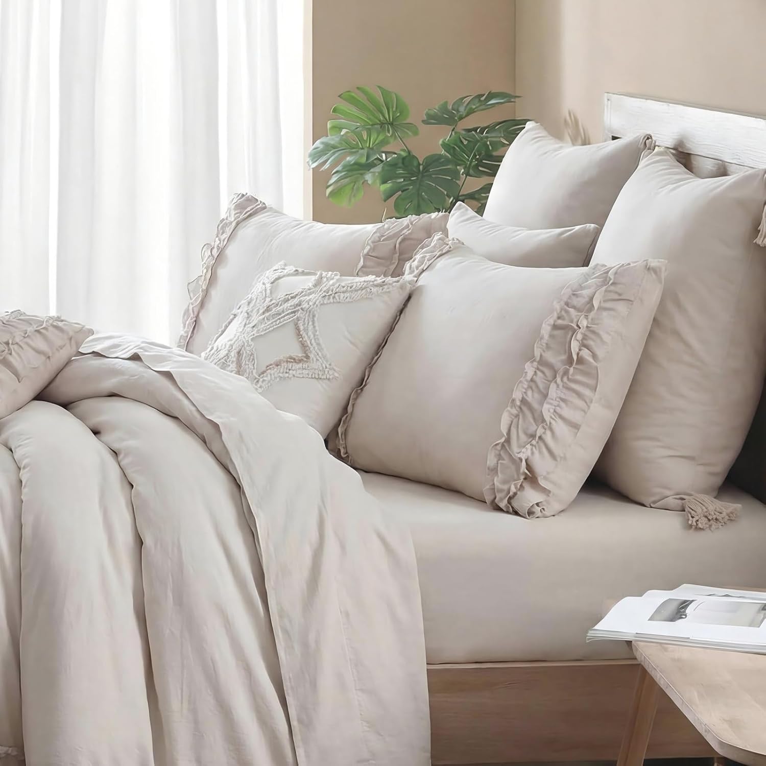 Bedorm Beige King Comforter Set Ruffled Bedding Comforter Shabby Chic Ruffle Fringe Coquette Bedding Boho Farmhouse Quilt Bedding Set for All Season - Image 5