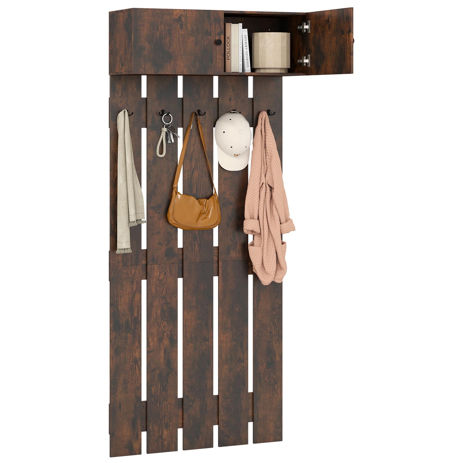 COSTWAY Appendiabiti da Parete per Ingresso, Attaccapanni in Legno con 5 Ganci Doppi e Armadietto a 2 Ante, Mensola Salvaspazio per Camera da Letto, Soggiorno e Cucina, 90 x 33 x 210 cm (Marrone)