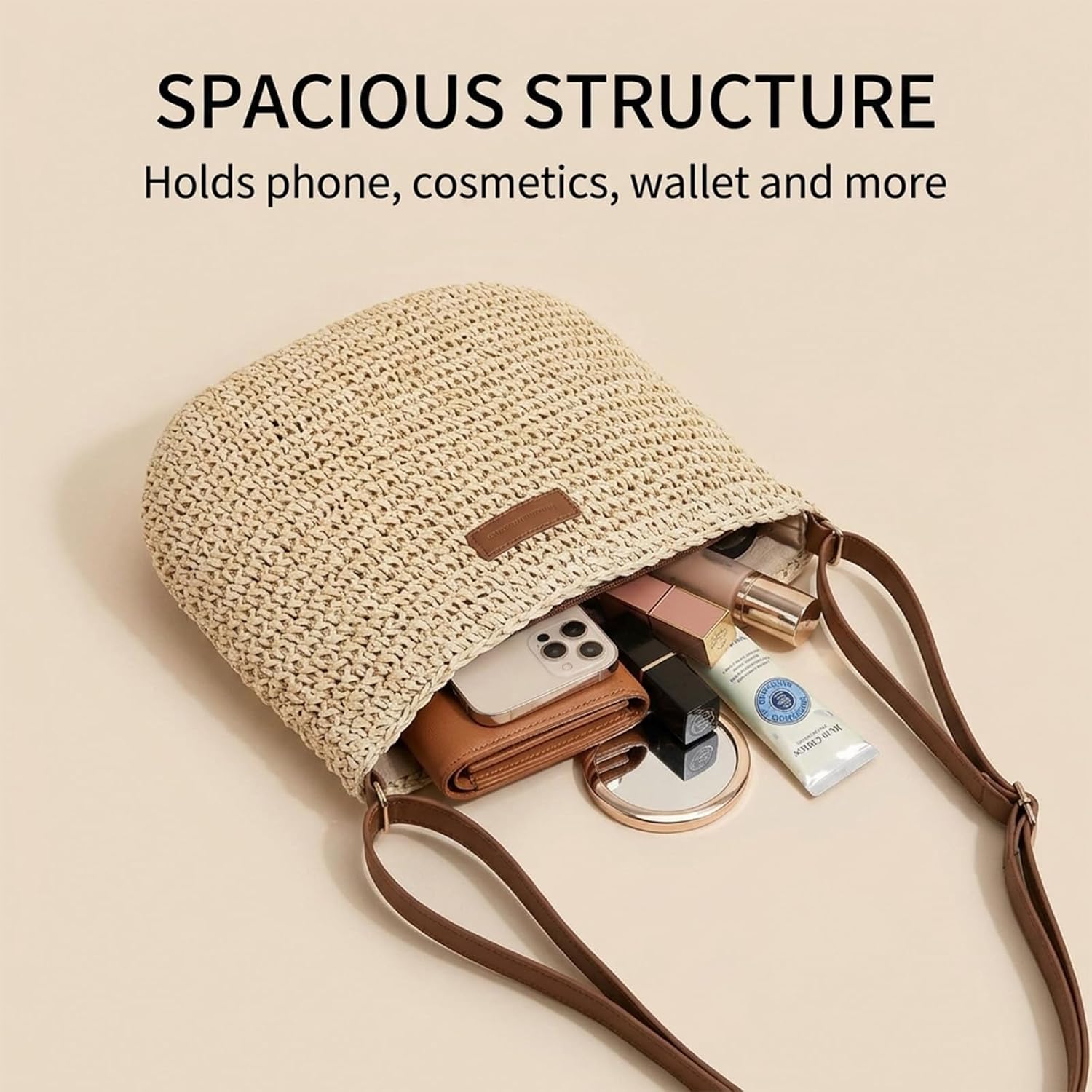 Handwoven Straw Crossbody Bag, Off-White Casual Purse for Vacation and Daily Wear