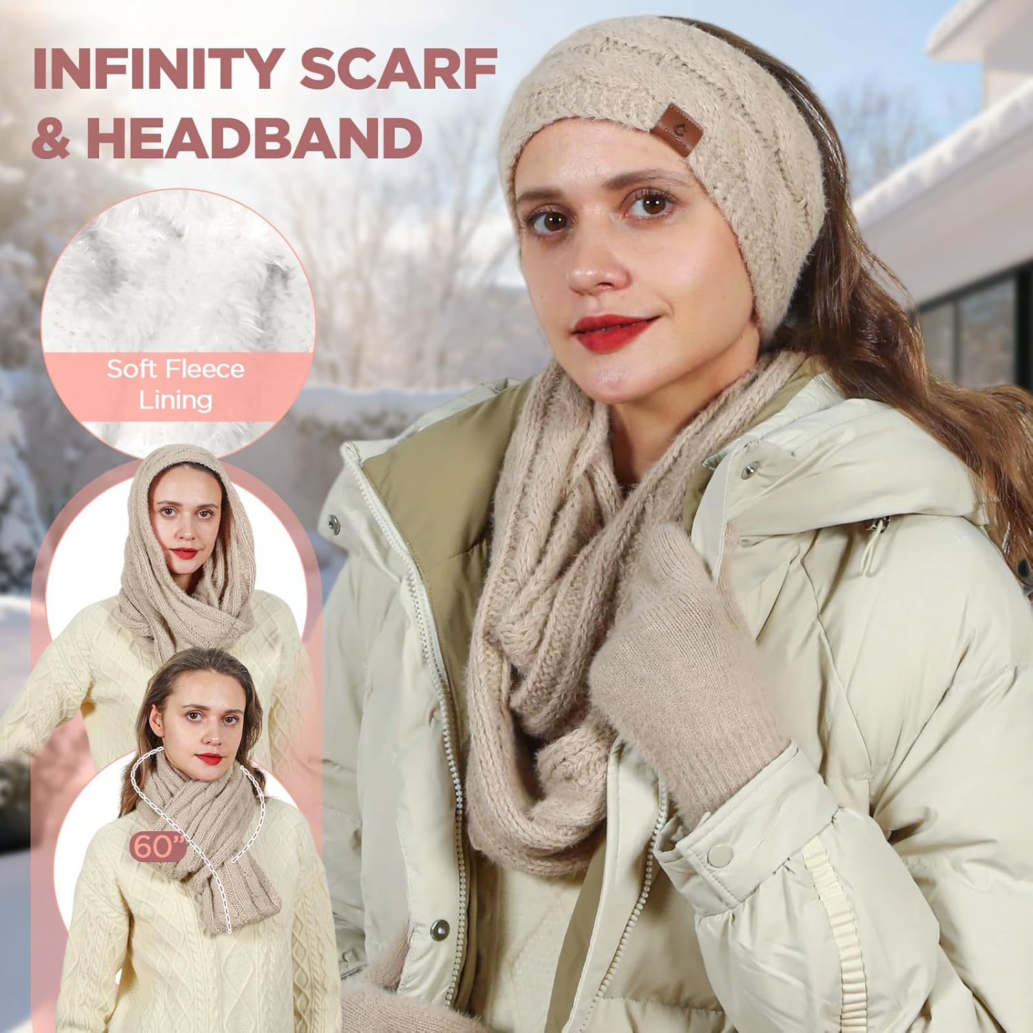 Womens Beanie Hat Infinity Scarf Touchscreen Gloves Fleece Headband 4 in 1 Winter Clothes Set Gifts for Women - Image 3