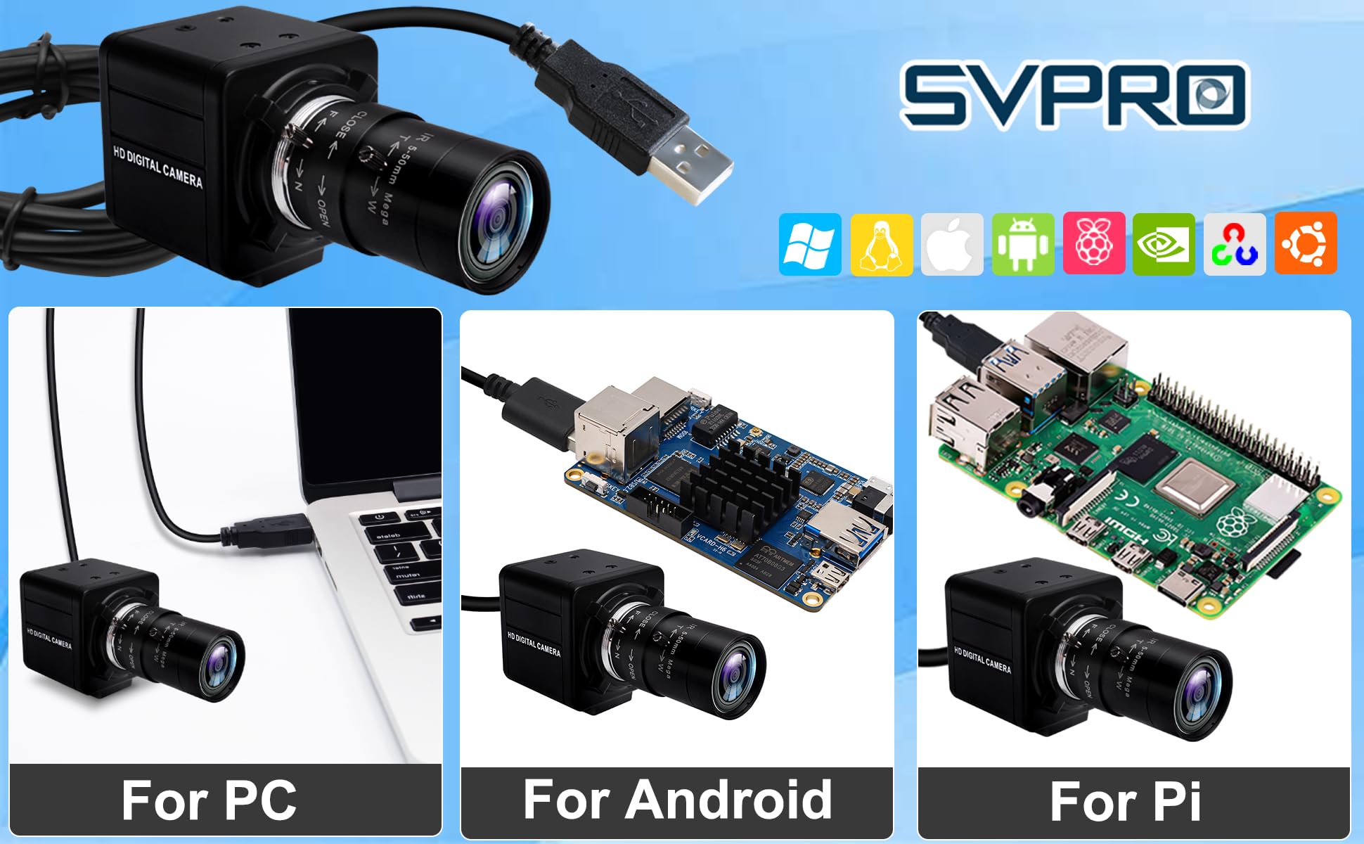 SVPRO 260fps High Speed Glof Swing-Kamera, 1080P, 60fps, Manueller Fokus, Computer-Webcam mit 5-50mm Objektiv, 10-facher Optischer Zoom, Nahaufnahmen für Windows, Linux, MacOS, Android, Raspberry Pi