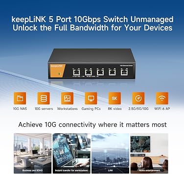 5 Port 10G Network Switch Unmanaged, Multi-Gig Ethernet Switch Desktop/Wall-Mount Plug & Play Fan Cooling, Sturdy Metal Casing
