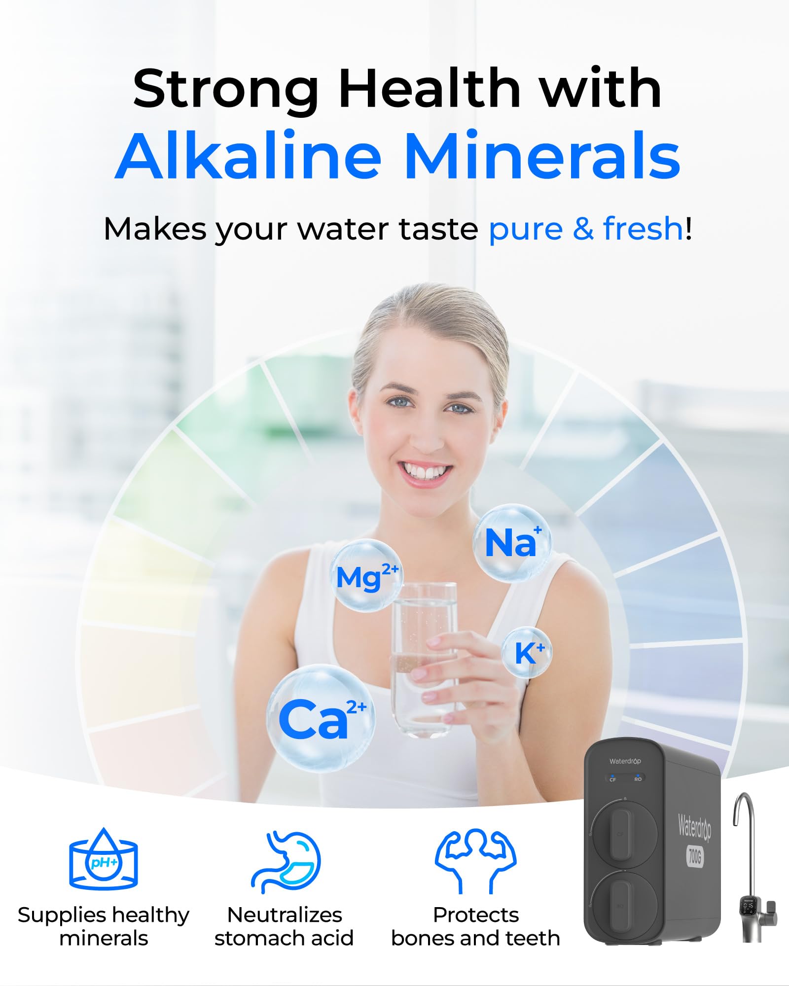 Waterdrop G5P700A Alkalischer Mineral-pH+ Umkehrosmose-Wasserfilter, NSF/ANSI 372-zertifiziert, 700G Umkehrosmosesystem, 8-Stufige RO-Wasserfiltersystem, 2:1 Pure to Drain, Intelligenter LED-Wasserha
