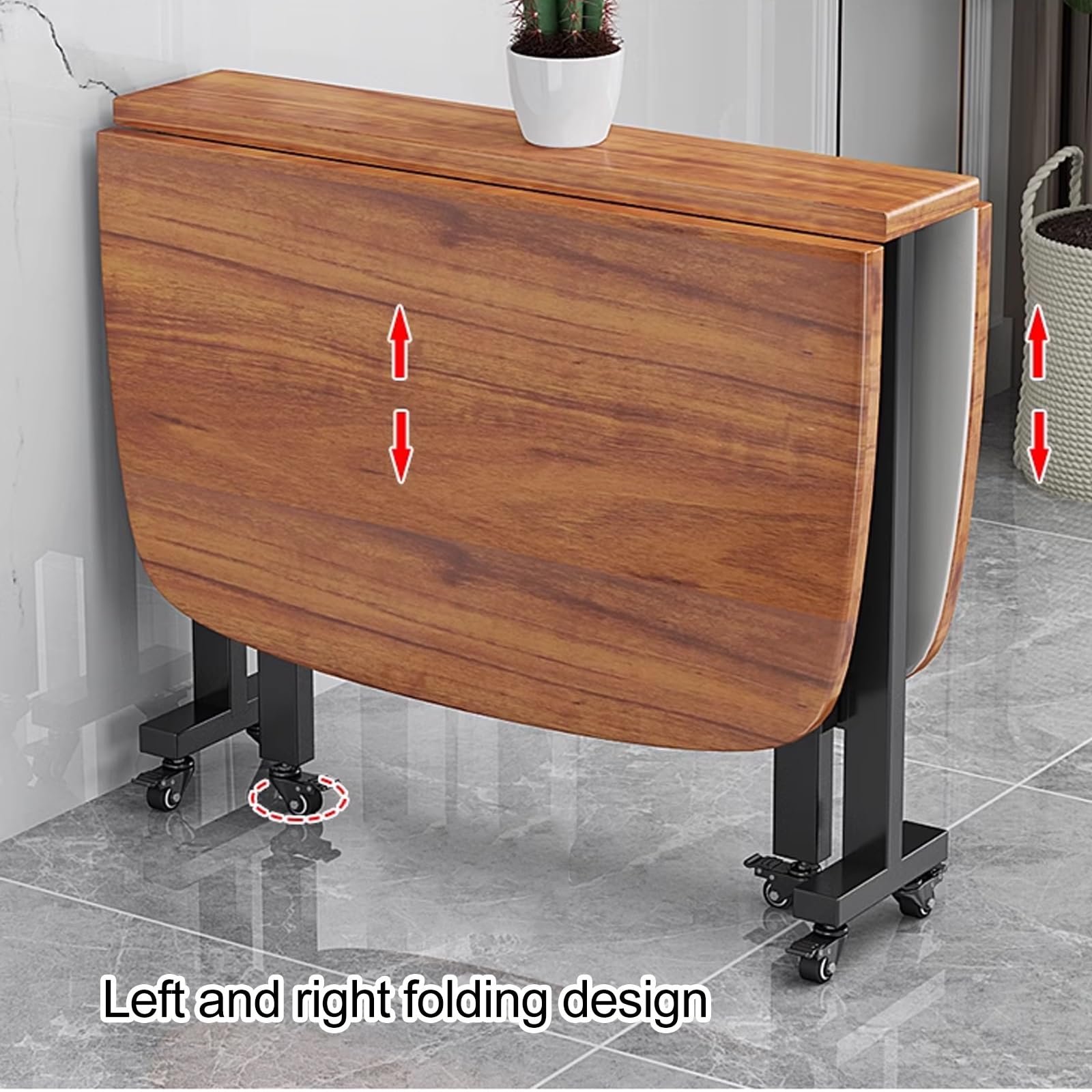 Petite table de salle à manger extensible pliable en bois massif avec support en acier au carbone, 6 roues, supporte 400 kg, gain de place et design polyvalent