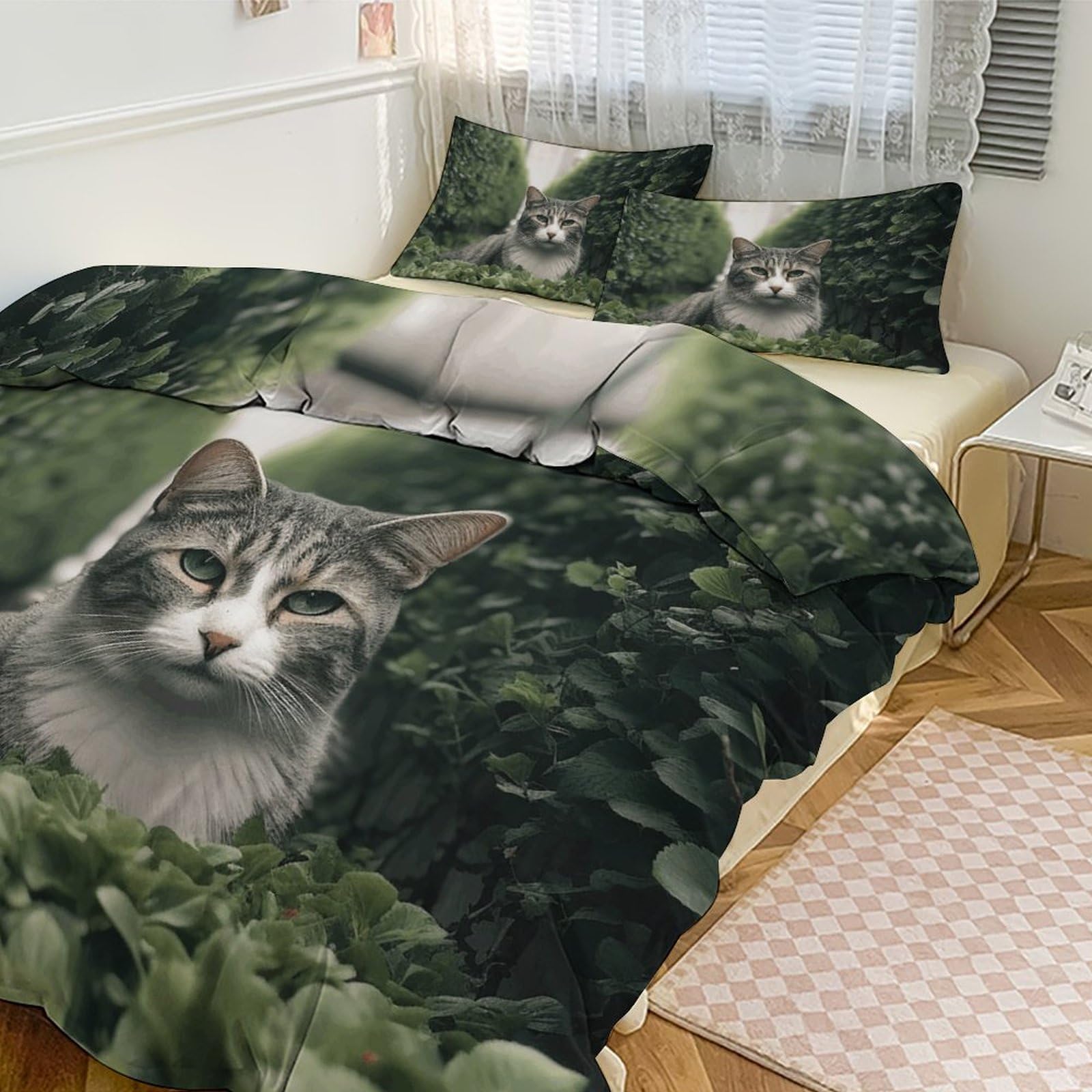 Housse de couette 200x230 cm respirante grand lit avec taies d'oreiller chat