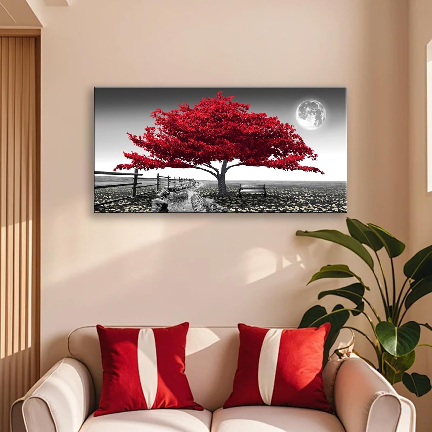 JLXART Wall Art for living Room Landscape Red Tree Canvas Wall Art Modern art decor Canvas print Artwork Contemporary Nature Pictures Painting Giclee Prints Framed Ready to Hang,20x40inch