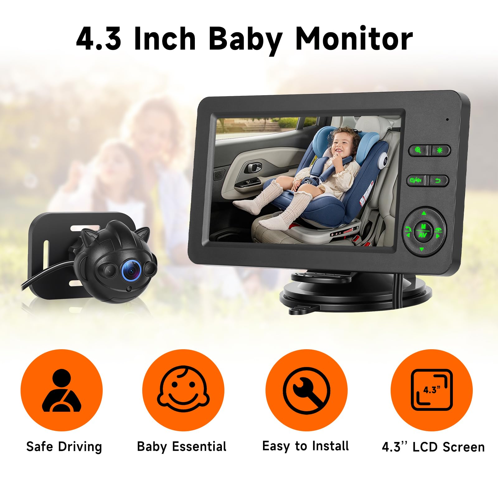 VECHTEL Monitor Bebé para Coche Asiento Trasero, Pantalla 4,3'' HD 720P, Cámara Gran Angular 360°, Visión Nocturna, Bluetooth, Teclas Retroiluminadas, Instalación Rápida para Viajes Familiares