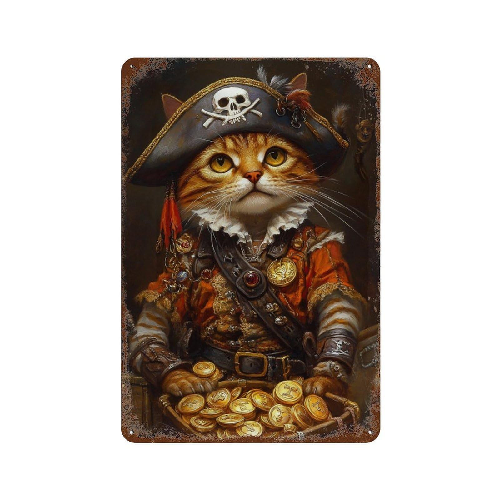 Pirate Cat Treasure Chest-9 Weathered Tin Sign 11.8"x7.9", for Basement, Hobby Room And Garage Decor, Rustic Home Decor