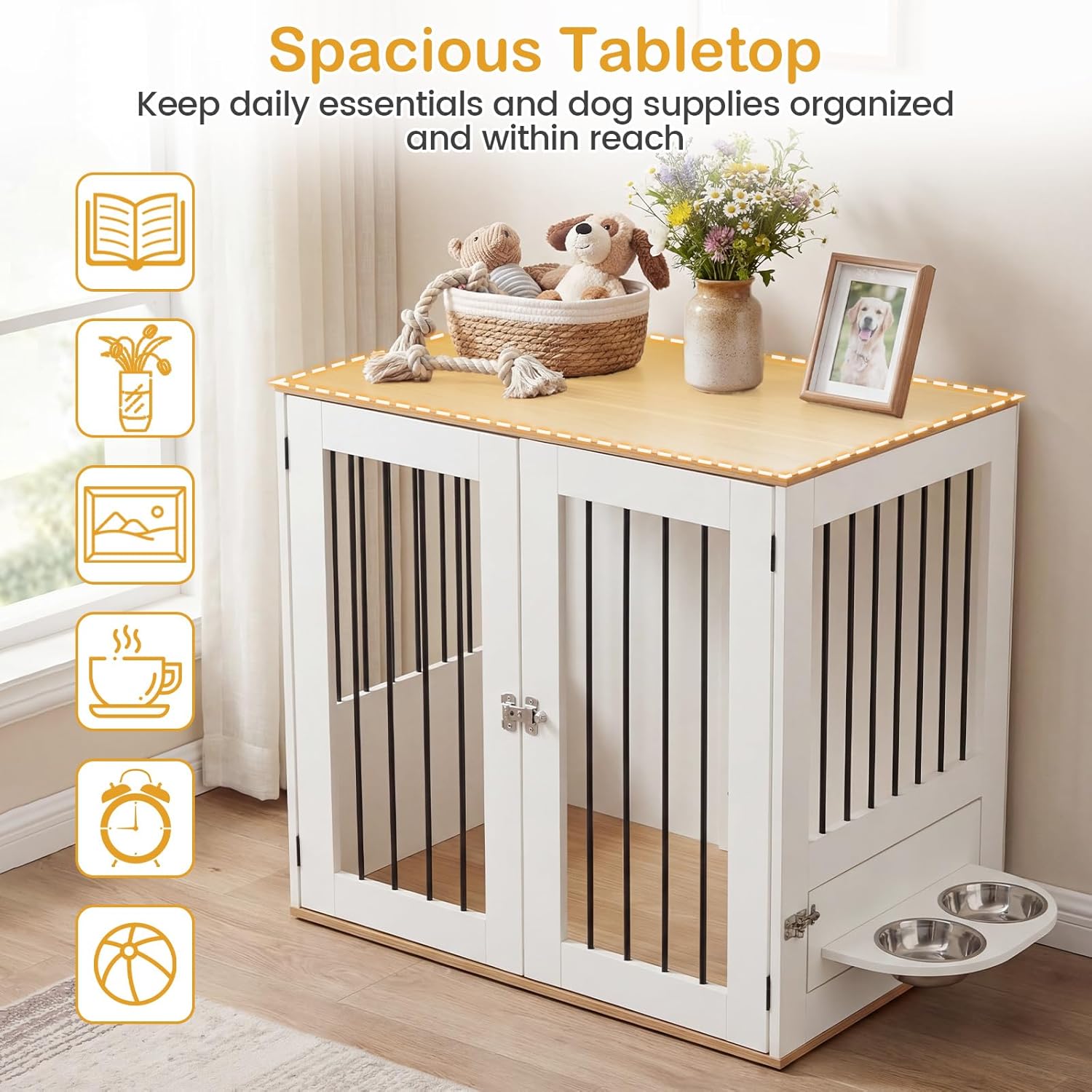 Tangkula 31.5” Dog Crate Furniture, Indoor Wooden Dog Kennel with Double Lock Doors, 360° Rotating Feeder, Bowls, Versatile Decorative Pet Cage House for Small Medium Dogs (White)