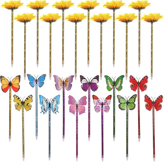 24 Pcs Sunflower Butterfly Pens Artificial Flowers Ballpoint Pens Creative Sunflower Ballpoint Pens 0.7 mm Flower Writing Pen for School Office Home Kid Teacher Student Present,Party Favor Decor