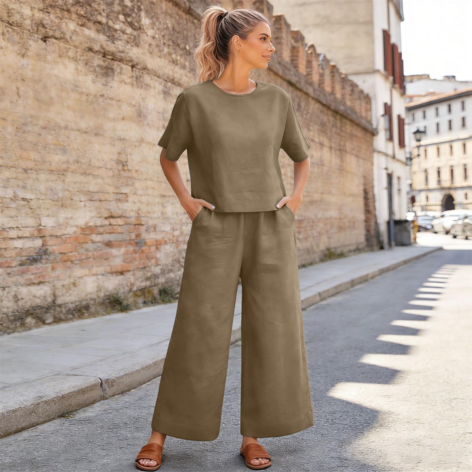 Chándal Mujer Completo Verano Original 2026 Moda Conjunto de 2 Piezas Cintura Alta Pantalon y Blusa Color Sólido Suave y Cómodo Vacaciones Ropa De Deportivo Diarios Vacaciones Playa