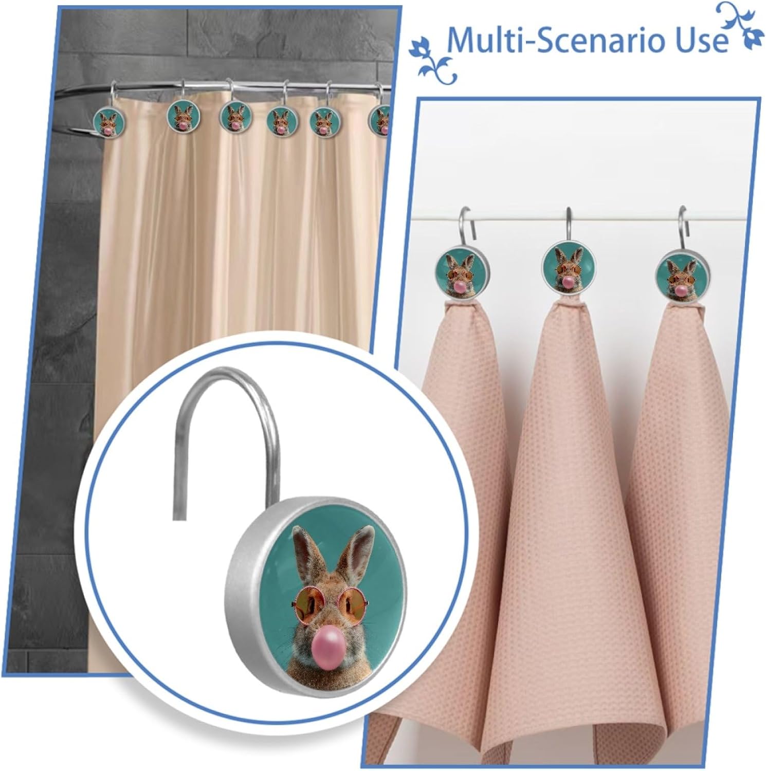 Fashion Rabbit Crystal Glass Shower Curtain Hooks for Bathroom Shower Rod, 12Pcs Round Home Decorative Shower Curtain Rings, Bathroom Bedroom Living Room Accessories